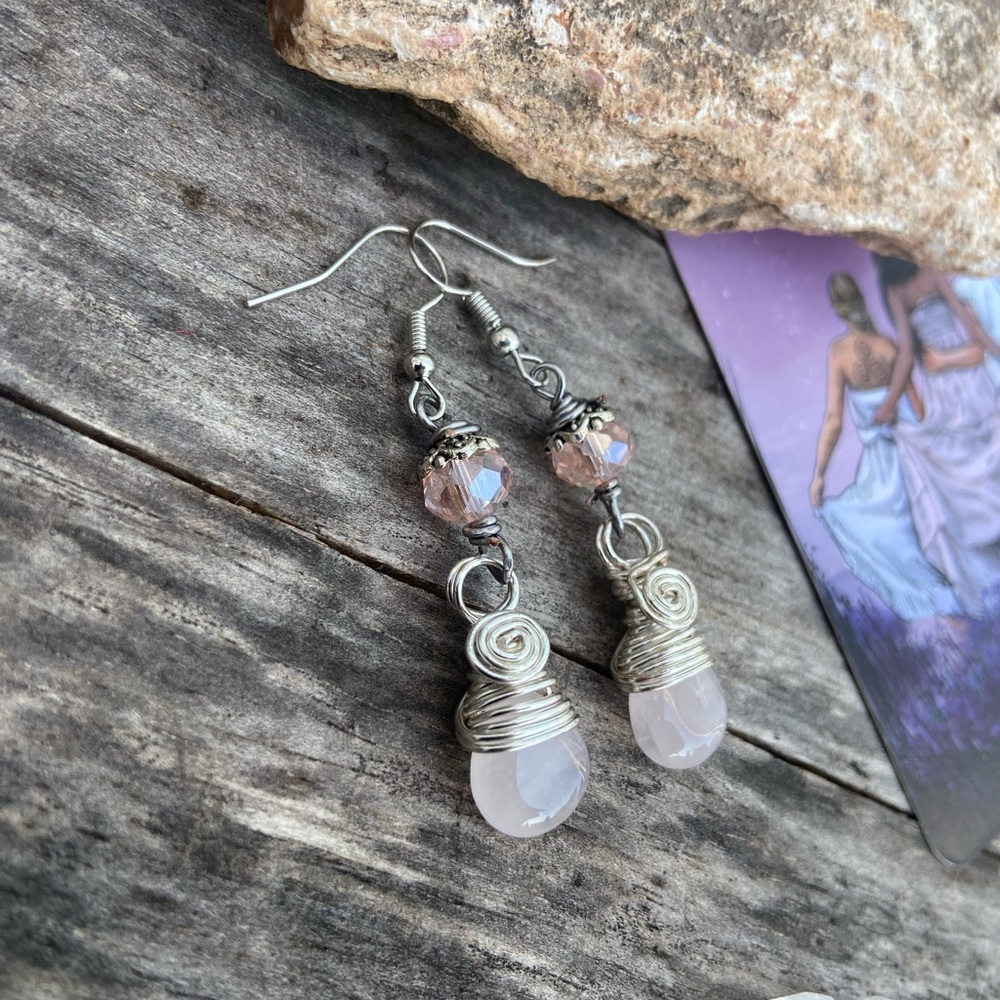 Wire Wrapped Rose Quartz Briolette Dangle Earrings - Handmade - Picture 5 of 10